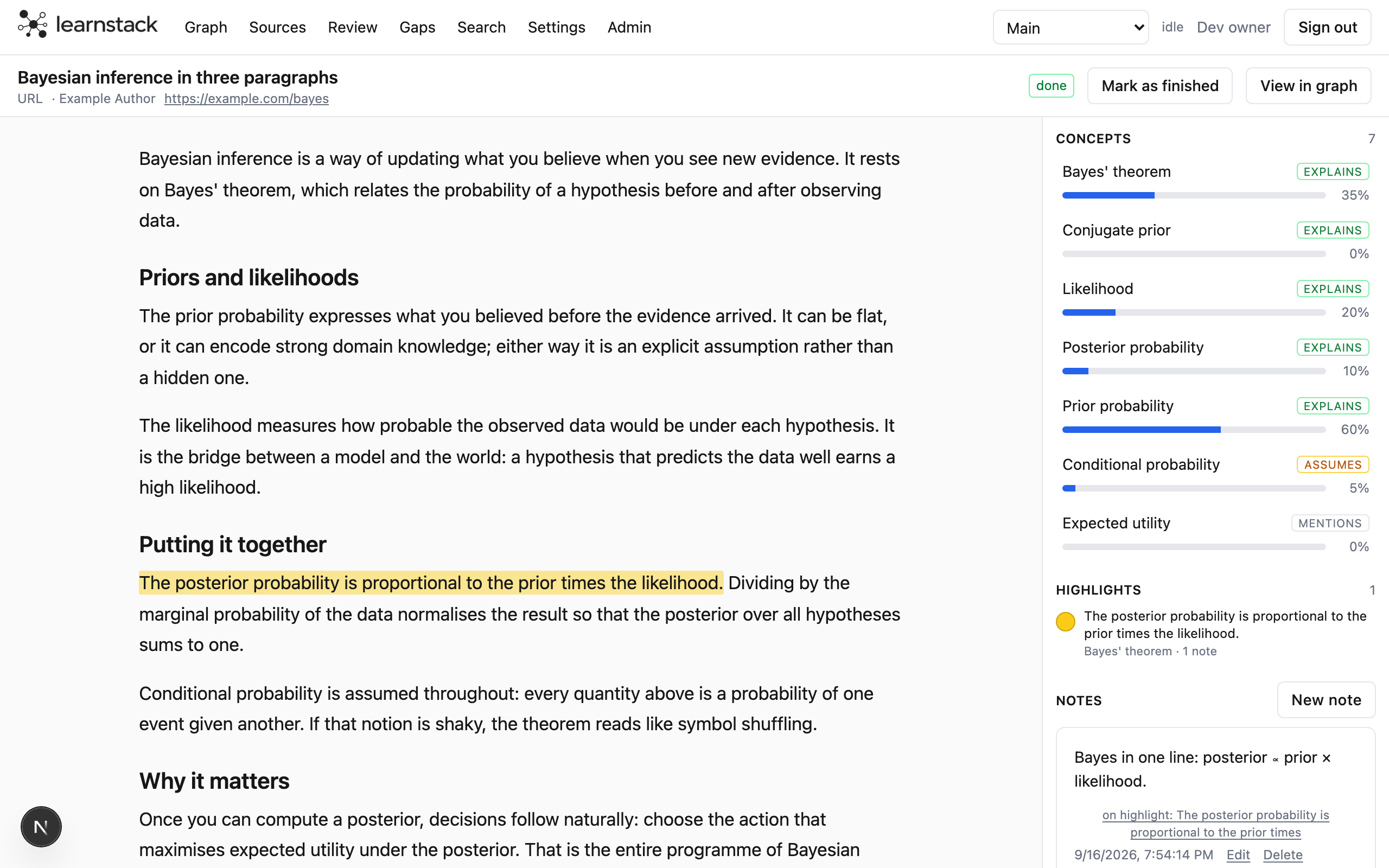 The reader: an article with a highlight, and the side rail listing the concepts on this page.